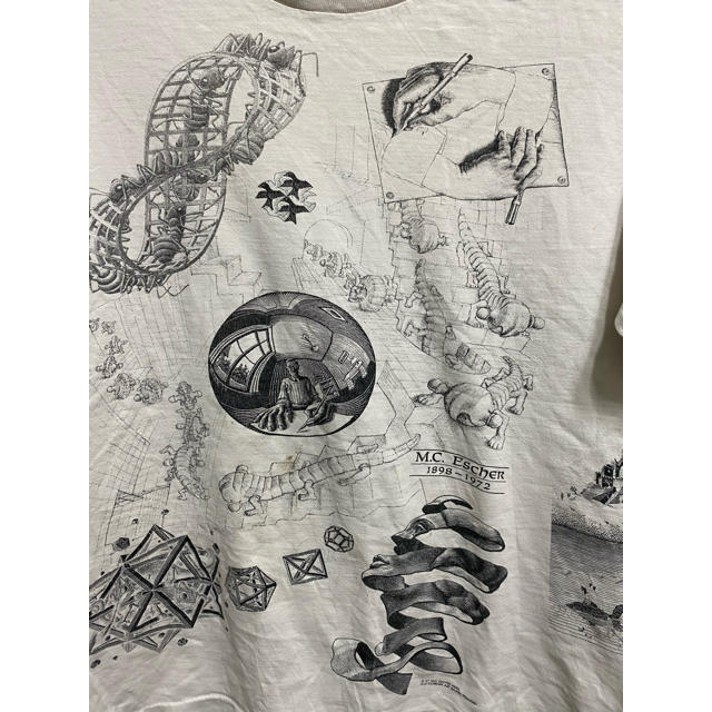 90s USA製 エッシャーTシャツ Size:M 総柄 トリックアート