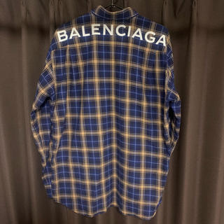 バレンシアガ　バックロゴ　ユニセックス　チェックシャツ　青　38