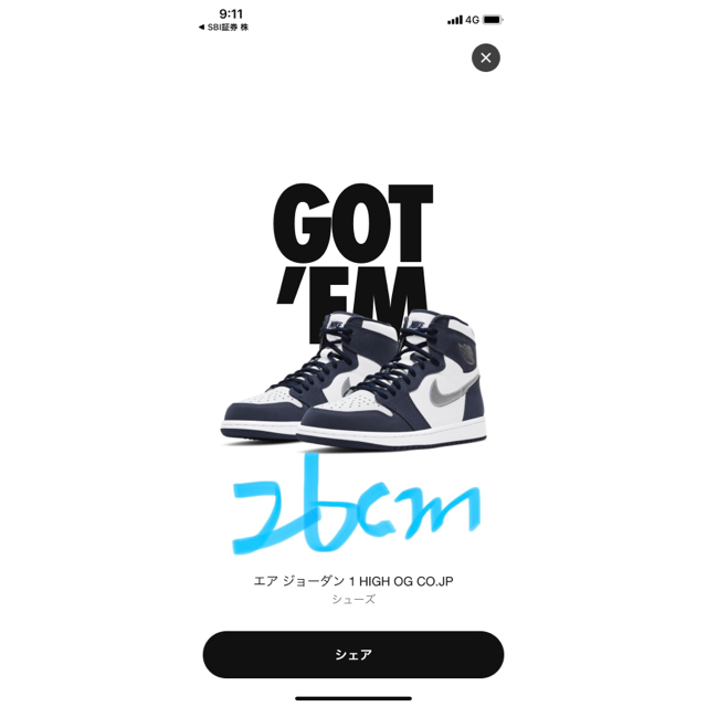 スニーカージョーダン1 Jordan1 High OG CO.JP ブリーフケース付　26