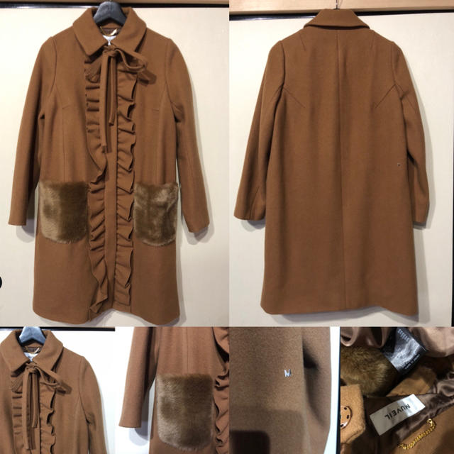 MUVEIL WORK(ミュベールワーク)の日本製ミュベールブラウンベージュステンカラーリボンフリルボアポケットロングコート レディースのジャケット/アウター(ロングコート)の商品写真