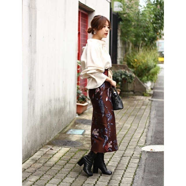 mame FLOWER DOUBLE CLOTH SKIRT-BROWN