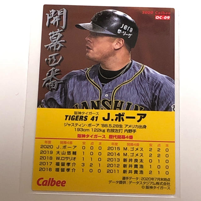 阪神タイガース(ハンシンタイガース)の2020プロ野球チップス第3弾　スペシャルボックス限定　タイガース　ボーア選手 エンタメ/ホビーのトレーディングカード(シングルカード)の商品写真
