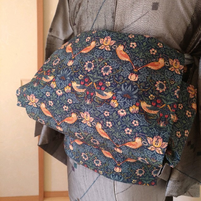 ハンドメイド 名古屋帯 ウィリアムモリス いちご泥棒 - 帯