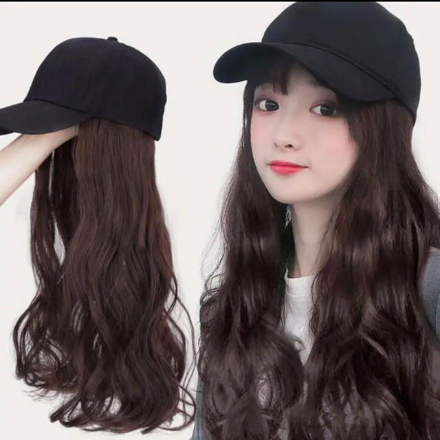帽子ウィッグ レディース キャップ ゆるふわ ロングカール ダーク