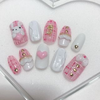 ネイルチップ 量産型　ニット　ネイル　冬　うさぎ　ツイード　ピンク　ゆめかわ