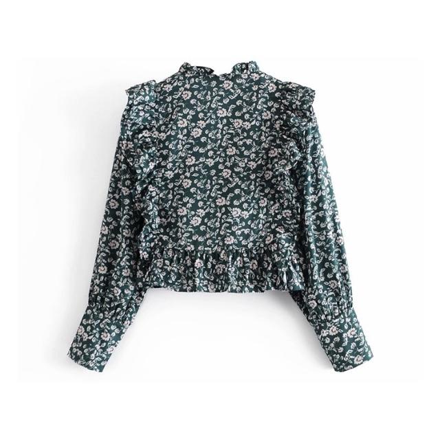 ZARA(ザラ)の🍁秋新作🍁2706◆green レトロ 花柄 フリル ブラウス レディースのトップス(シャツ/ブラウス(長袖/七分))の商品写真