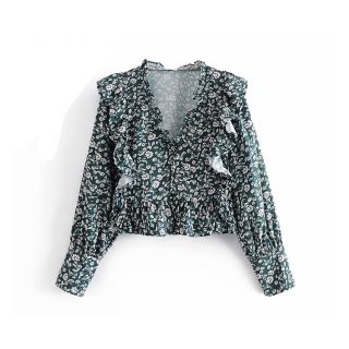 ザラ(ZARA)の🍁秋新作🍁2706◆green レトロ 花柄 フリル ブラウス(シャツ/ブラウス(長袖/七分))