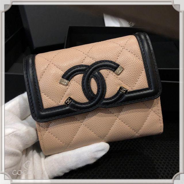 新品 CHANEL シャネル CCフリグリー カードケース ベージュ×ブラック