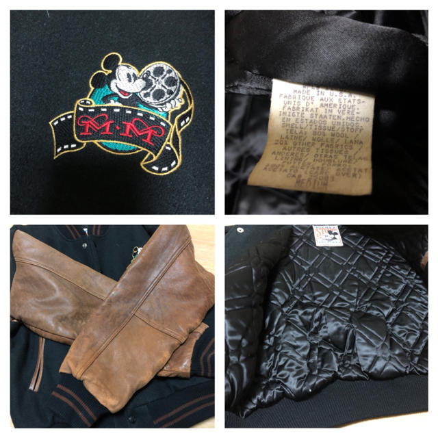 希少 90s USA製 Disney MICKEY 袖革 スタジャン M
