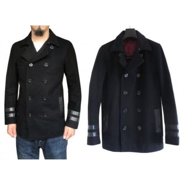 NO ID. ウール メルトン レザー 切替 Pコート 1 NOID ブラック メンズのジャケット/アウター(ピーコート)の商品写真