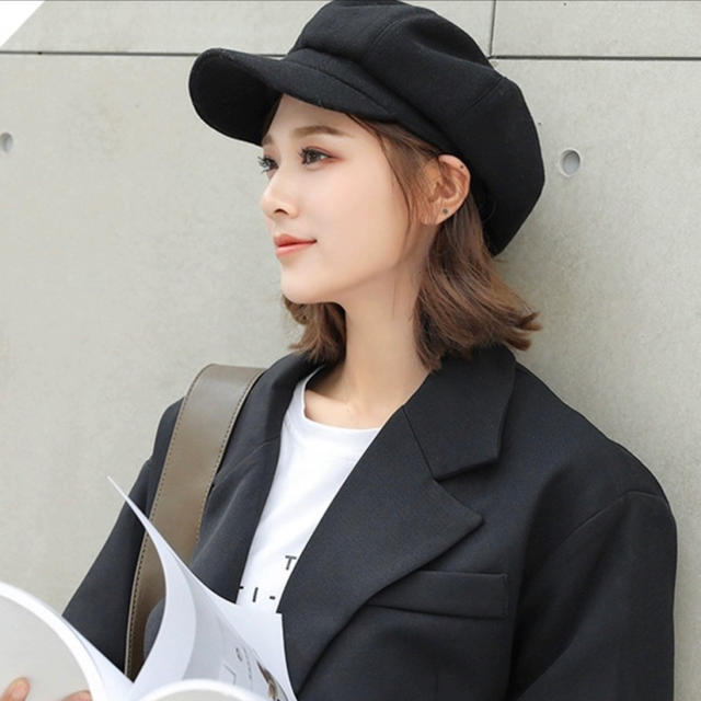 キャスケット 小顔効果 ブラック 帽子 キャップ 韓国 ニット帽 ウールの通販 by miyu select ｜ラクマ