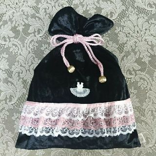 新品/美品  ♡ベロア&モアレ♡ レース フリル 巾着(ポーチ)