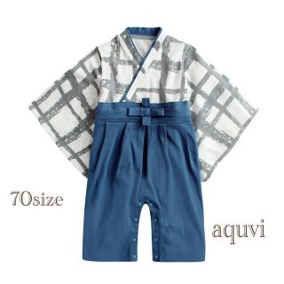 新品　70サイズ  ブルー＆チェック袴ロンパース　着物風(ロンパース)