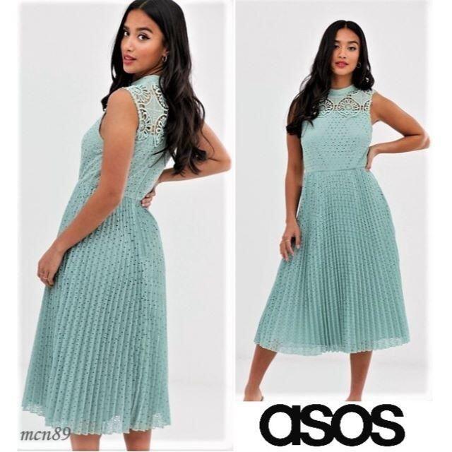 【新品・タグ付】asos　レースプリーツミディドレス　UK4