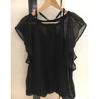 ナチュラルビューティーベーシック(NATURAL BEAUTY BASIC)のシースルーフリル カットソー 黒(Tシャツ(半袖/袖なし))