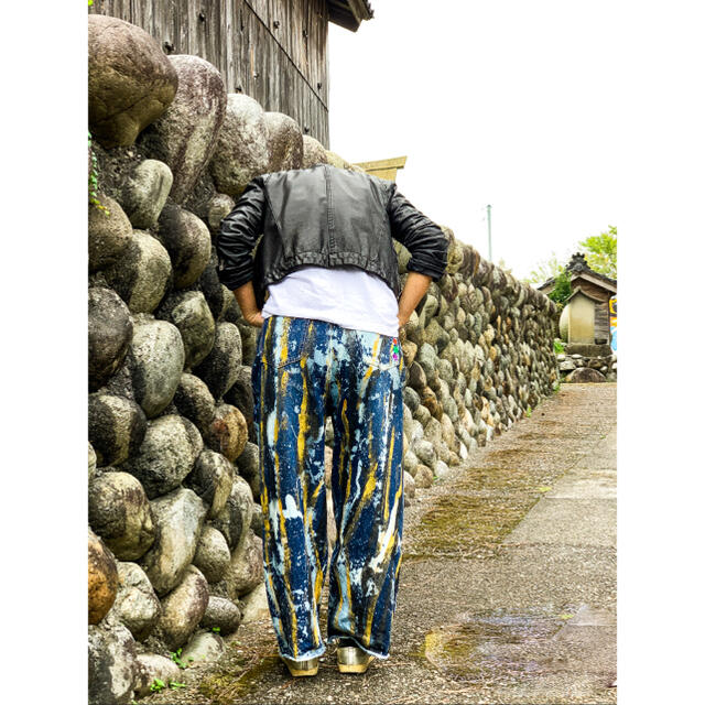 TOYAMAde.ストライプワイドパンツ【1点物ジーンズ】レディースM TOYAMAde.ストライプワイドパンツ【1点物ジーンズ】レディースM