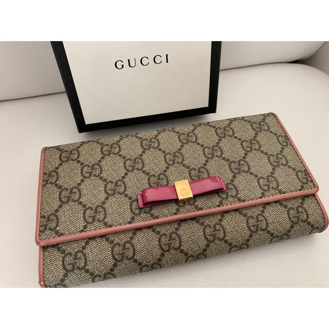 Gucci(グッチ)のGUCCI グッチ☆二つ折り長財布☆GGスプリーム☆ピンク×オレンジ×リボン☆ レディースのファッション小物(財布)の商品写真