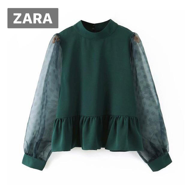 ZARA(ザラ)の［Micheal様専用］ZARA ブラウス　シースルースリーブ　グリーン レディースのトップス(シャツ/ブラウス(長袖/七分))の商品写真