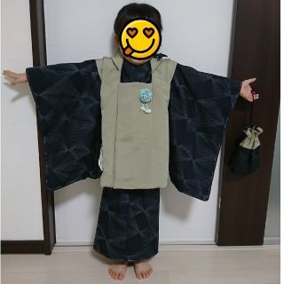 新品☆ 七五三 ３歳 着物セット 〜着物＋被布＋長襦袢＋バッグ～ 男の子用(和服/着物)