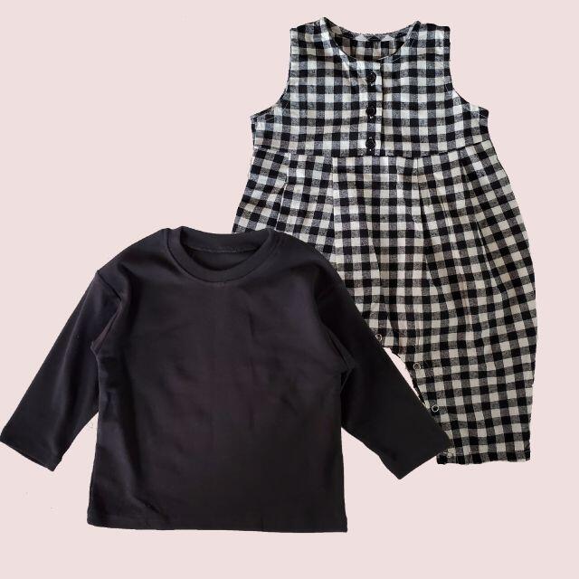 【sale】韓国子供服◆ギンガムチェックオーバーオール＆ロンＴセット▼ キッズ/ベビー/マタニティのベビー服(~85cm)(カバーオール)の商品写真