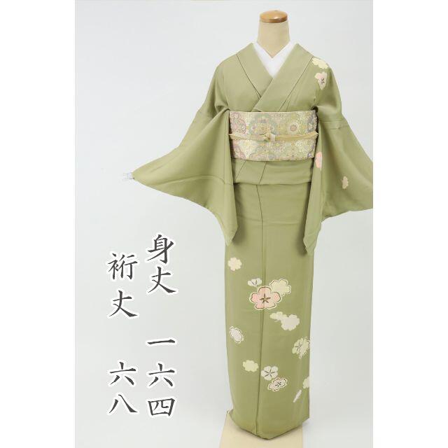 長尺 付け下げ 袷着物 豪華*桜の花模様 背紋有 黄緑色 11SG42-