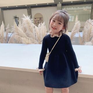 【KID】セーター フリル襟  ニットワンピース　韓国風　ブラック　110cm(ワンピース)