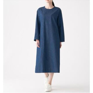 ムジルシリョウヒン(MUJI (無印良品))の無印良品 インド綿デニムクルーネックワンピース XS〜S ダークネイビー(ロングワンピース/マキシワンピース)