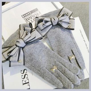 グレー再入荷♡大きめリボン指輪チャームが大人可愛いレディース手袋裏起毛(手袋)