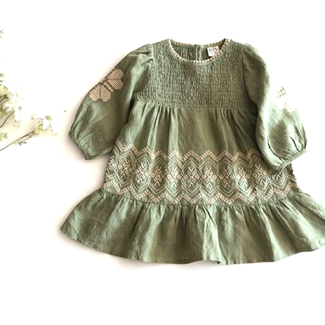 apolina アポリナ 2/3y ピスタチオ刺繍ワンピース