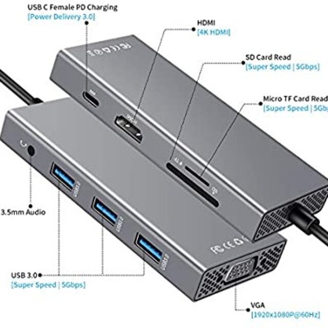 9in1マルチUSB Type C ハブ  WU-MINGLU　HDMI VGA スマホ/家電/カメラのPC/タブレット(PC周辺機器)の商品写真