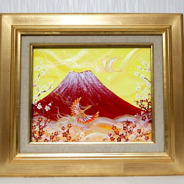 正規品 開運縁起画○夫婦鳳凰飛翔赤富士~紅白梅~日本の風景 全体