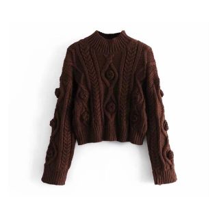 ザラ(ZARA)の🍁秋冬新作☃️2787◆brown ケーブル編み ポンポン付き ニット セーター(ニット/セーター)