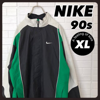 ナイキ(NIKE)の90S ナイキ ナイロンジャケット 黒 緑 白 銀タグ 大きめ XL(ナイロンジャケット)