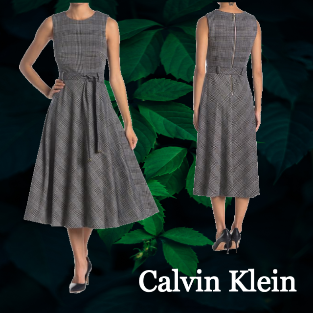 レディース★SALE☆【Calvin Klein】ノースリーブベルト付きAラインドレス