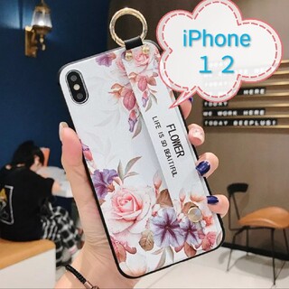 【ホワイト・フラワー】スマホケース　iPhone１２　ベルト付き(iPhoneケース)