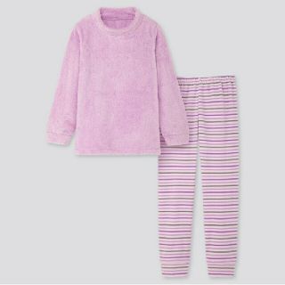 ユニクロ(UNIQLO)のGIRLS フリースセット ボーダー ドット 長袖 110cm パジャマ 女の子(パジャマ)