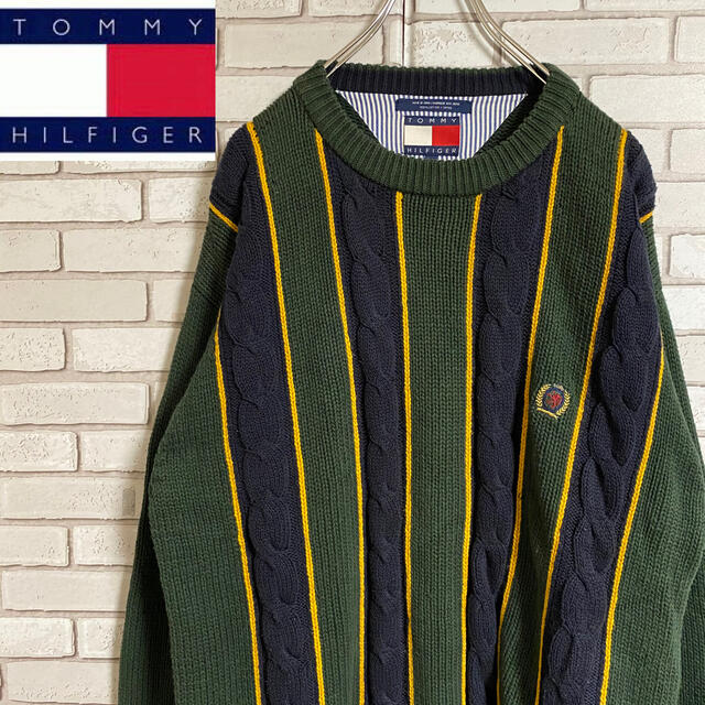 TOMMY HILFIGER(トミーヒルフィガー)の90s 古着 トミーヒルフィガー ニット 刺繍ロゴ アースカラー ゆるだぼ メンズのトップス(ニット/セーター)の商品写真