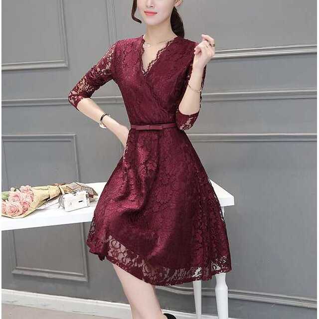 ZARA - 花柄 レース Vネック ワインレッド パーティー ドレス Mの通販