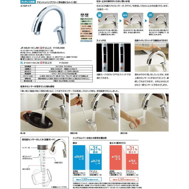 キッチン用タッチレス水栓 LIXIL(リクシル) INAX A10タイプ ナビッシュハンズフリー JF-NA411S(JW) 浄水器ビルトイ - 3