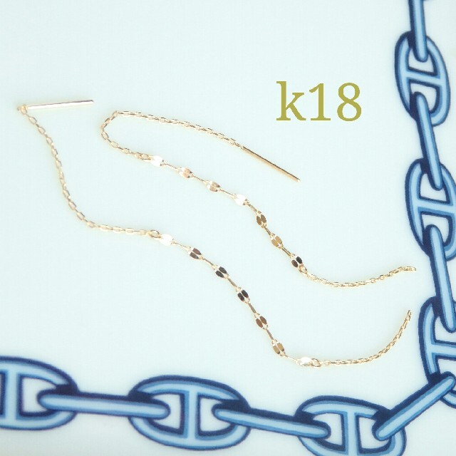 k18ピアス　キラキラアメリカンピアス　ペタルチェーン　18金  18k