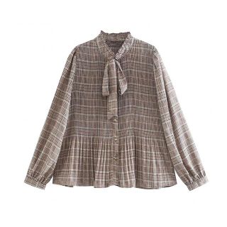 ザラ(ZARA)の🍁秋冬新作☃️2799◆プリーツ チェック柄 ボウタイ ブラウス(シャツ/ブラウス(長袖/七分))