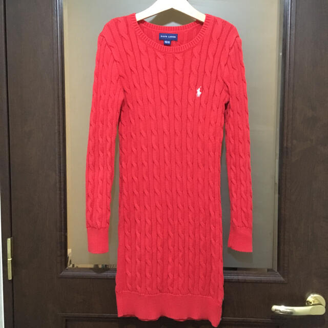 Ralph Lauren(ラルフローレン)のラルフローレン♡140(130)♡ケーブルコットンニットワンピース♡朱色♡定番♡ キッズ/ベビー/マタニティのキッズ服女の子用(90cm~)(ワンピース)の商品写真