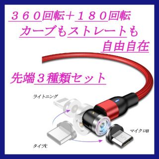 【高品質】360＋180回転 強力マグネットケーブル  レッド(バッテリー/充電器)