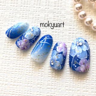 mokyuart72＊和装　ネイルチップ　成人式　色打掛　振袖　和風ネイル　青 ハンドメイドのアクセサリー(ネイルチップ)の商品写真