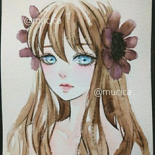 手描きイラスト　オリジナル　チョコレートコスモス　水彩画(アート/写真)