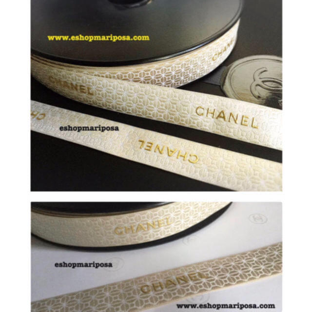 CHANEL(シャネル)のシャネルリボン🎀 1m +カメリアシール付き 高品質ゴールド格子柄 ラッピング インテリア/住まい/日用品のオフィス用品(ラッピング/包装)の商品写真