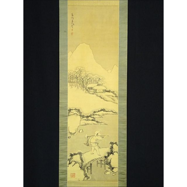 掛軸 洛陽山人(宝斉)『雪景之図 冬景山水』絹本 箱付 掛け軸 a11127 掛軸 洛陽山人(宝斉)『雪景之図 冬景山水』絹本 箱付 掛け軸 a11127