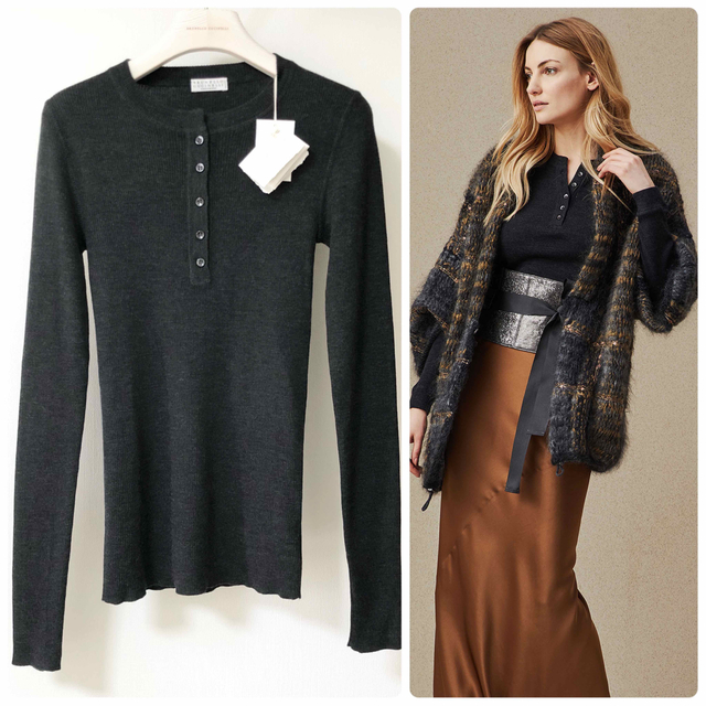 在庫僅少】 BRUNELLO リブニット 羊毛カシミア 1819AW ヘンリーネック