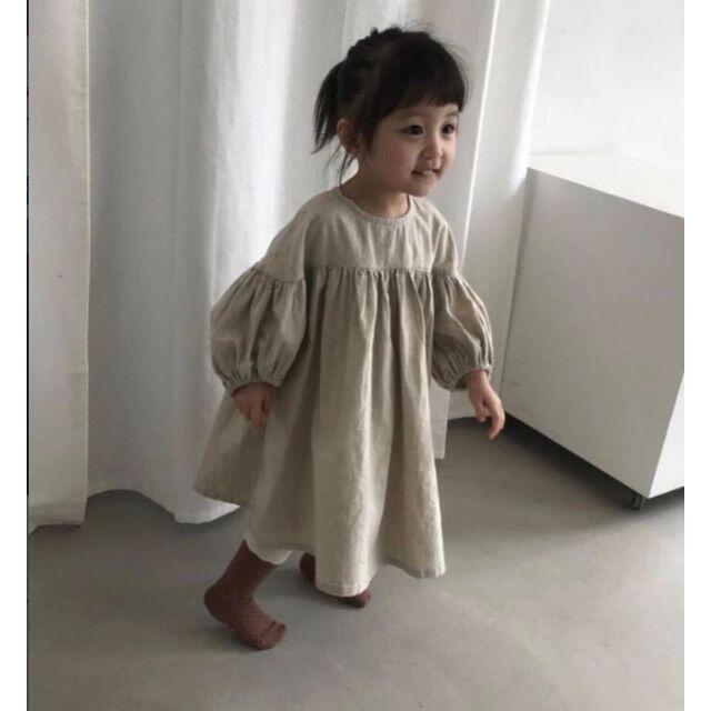 子供服　お袖ポワンワンピース　胸元切り返し　女の子　新品　コットンリネン キッズ/ベビー/マタニティのキッズ服女の子用(90cm~)(ワンピース)の商品写真