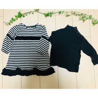 ユニクロ(UNIQLO)のユニクロ黒のタートル&ボーダーワンピース　２枚セット！トップス　90サイズ(ワンピース)